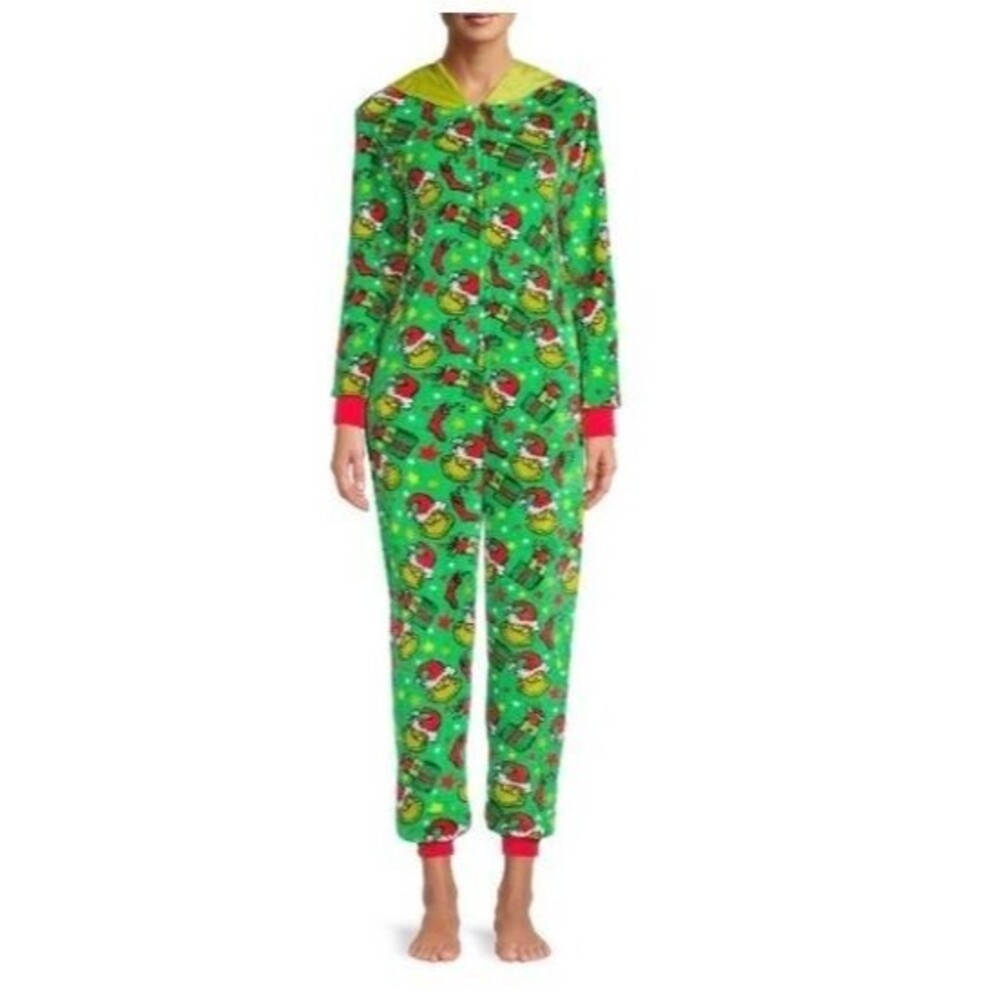 Dr Seuss Grinch Adult One Piece Pajamas XL Super Minky Green Christmas